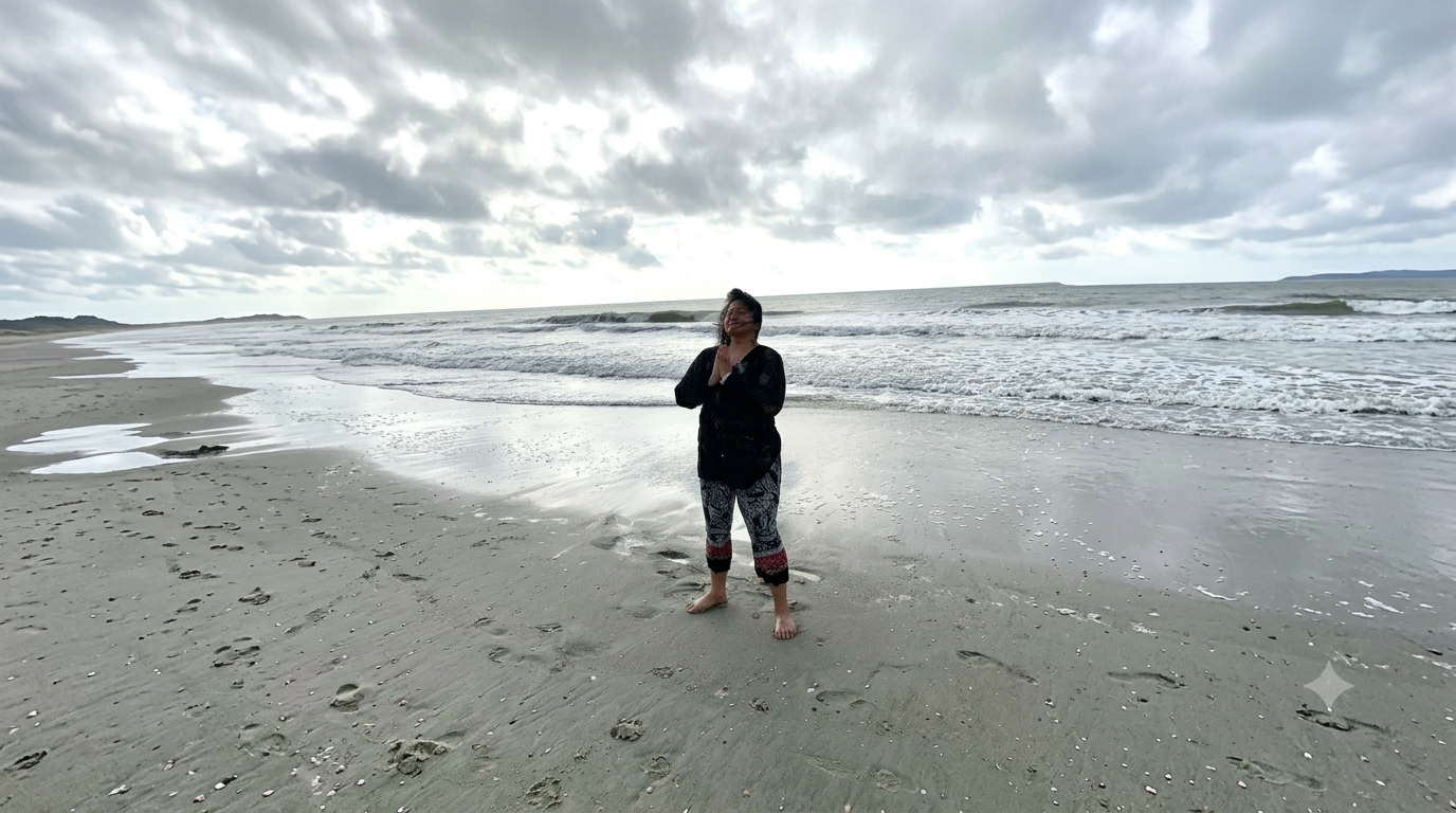 Patch Wetzel practicing breath and stillness on the beach