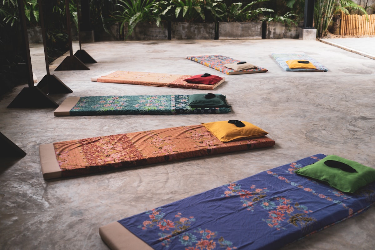 Breathwork workshop with yoga mats and participants