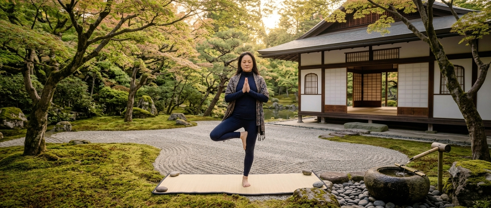 Patch Wetzel in tree pose on a mat in a peaceful zen garden — breath, movement, and stillness